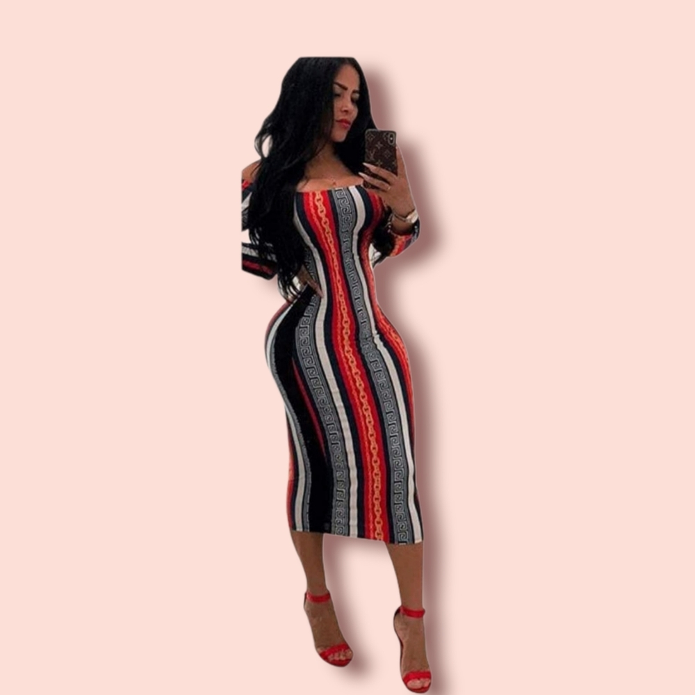 Striped off the shoulder cocktail dress